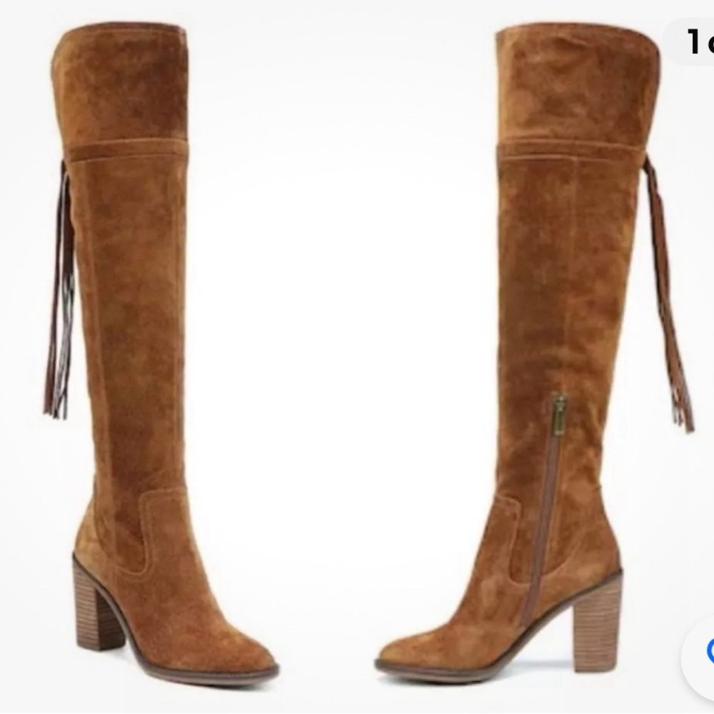Franco Sarto Elnora Tall Suede Over The Knee Boots Brown Boho Fringe Size 7.5 M - Picture 2 of 15
